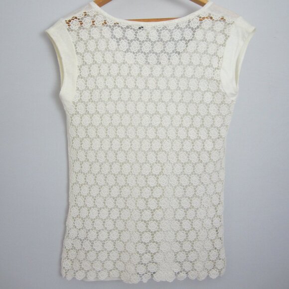 Gerard Darel Womens M Ivory Cap Sleeve Linen Knit Shirt Floral Cotton Lace Back - Picture 2 of 11